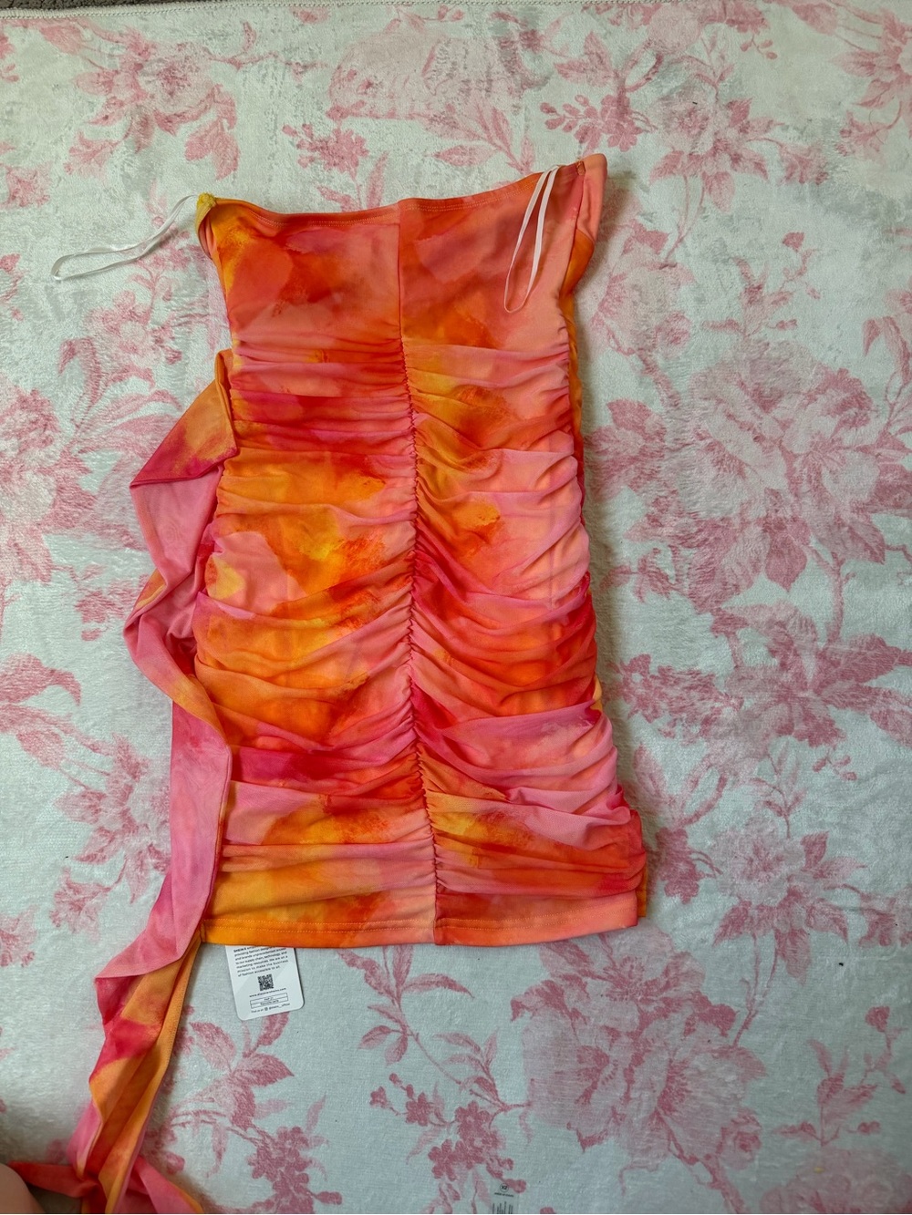 SHEIN Orange Pink Ruched Tie Mini Dress